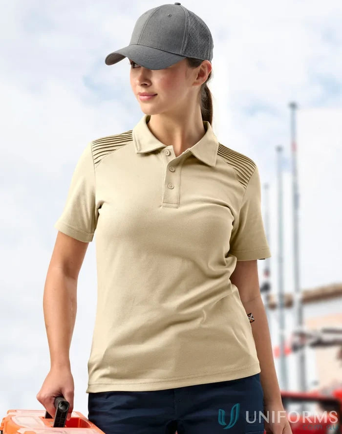 Woman in spirit xstreet unisex short sleeve polo holding orange black container