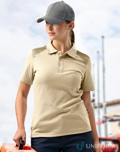 Woman in spirit xstreet unisex short sleeve polo holding orange black container