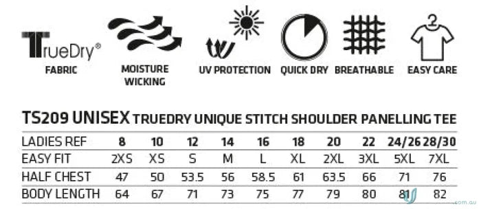 XStreet TrueDry Tee graphic showing features and sizing with unique shoulder panel stitching