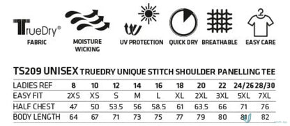XStreet TrueDry Tee graphic showing features and sizing with unique shoulder panel stitching