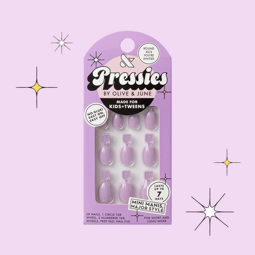 You're Invited - Pressies | Extra Short Short | Round showing pastel purple press on nails for kids and tweens in packaging