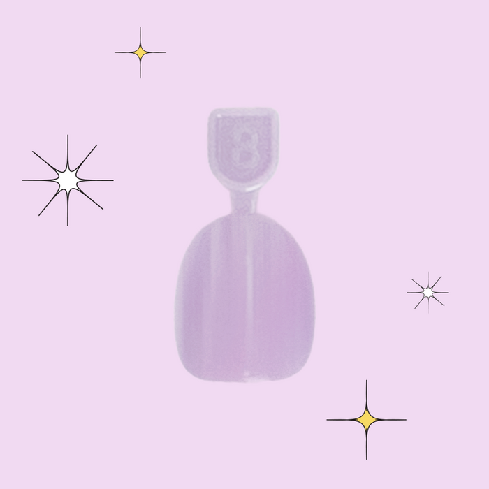 You're Invited - Pressies | Extra Short Short | Round showing a single pastel purple press on nail sample with shine effects on lavender background