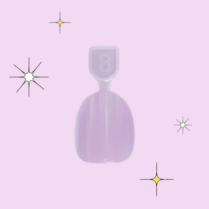 You're Invited - Pressies | Extra Short Short | Round showing a single pastel purple press on nail sample with shine effects on lavender background