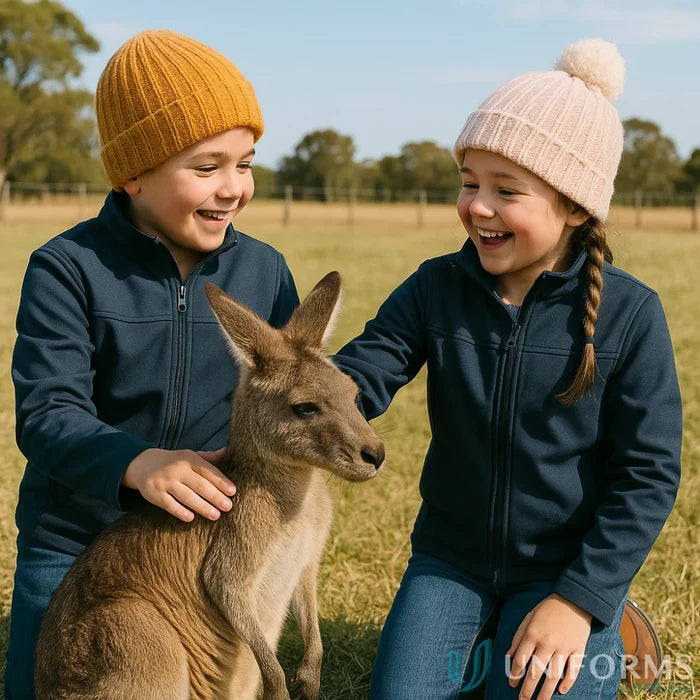 Kids in JBs Youth Layer Softshell Jacket playing with a kangaroo outdoors